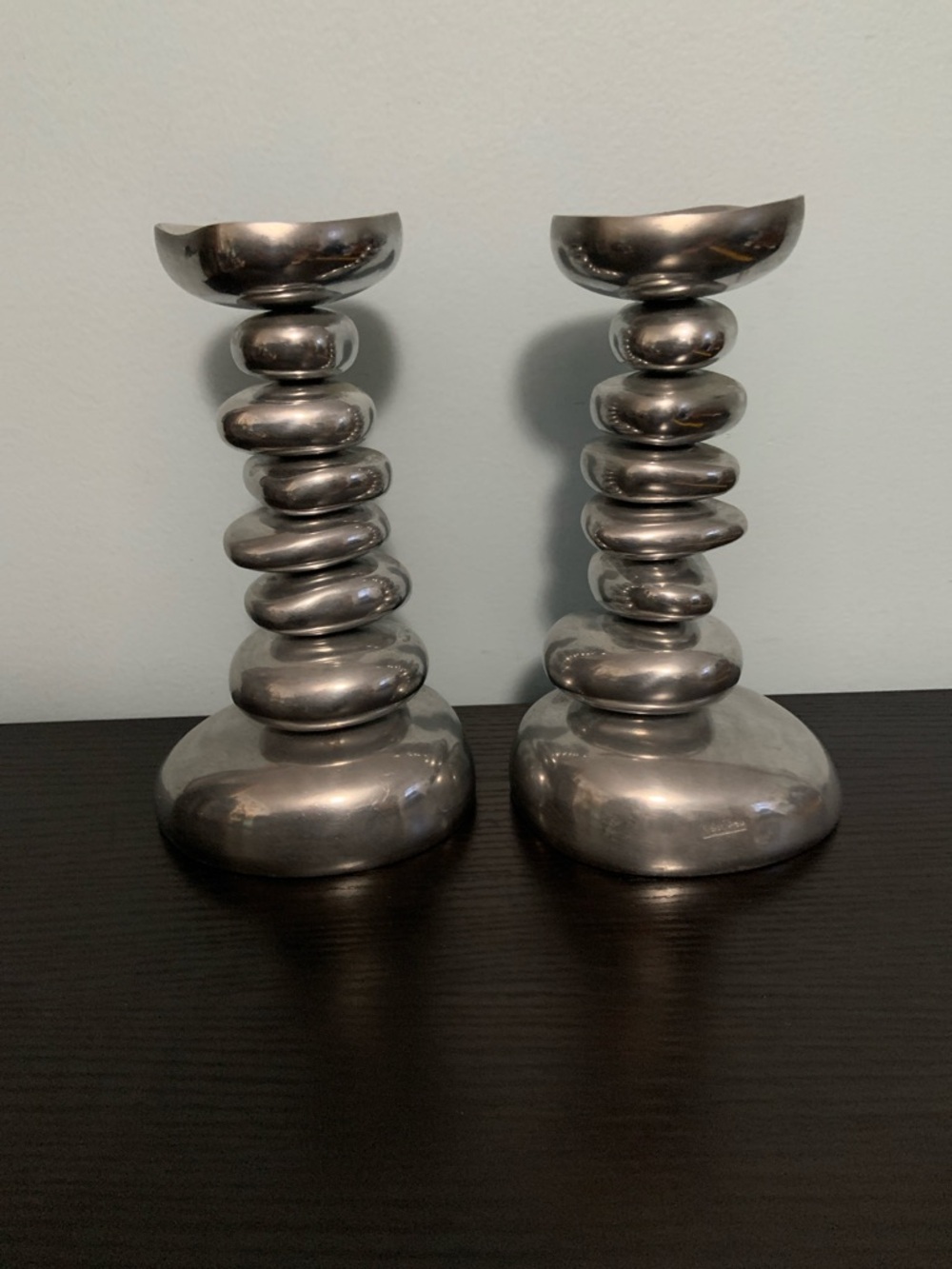 Pair 7.5”Michael Aram Mid Century Modernist Stacked River Stones Candlesticks
